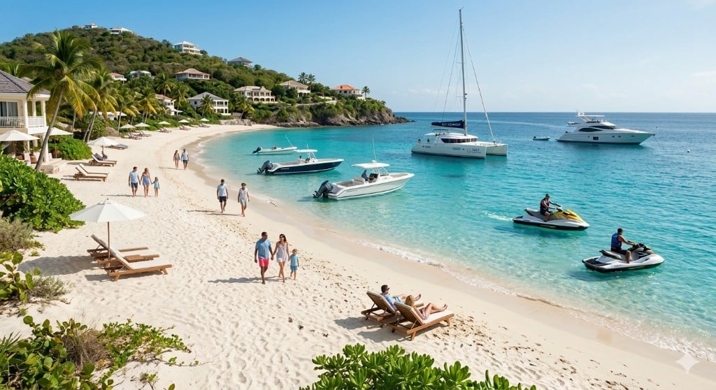Mar del Caribe con botes y personas disfrutando